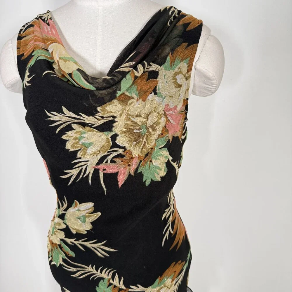 Vintage 90s Maxi Dress Floral Black Beaded Matching Scarf Fairy Feminine M - Picture 4 of 16